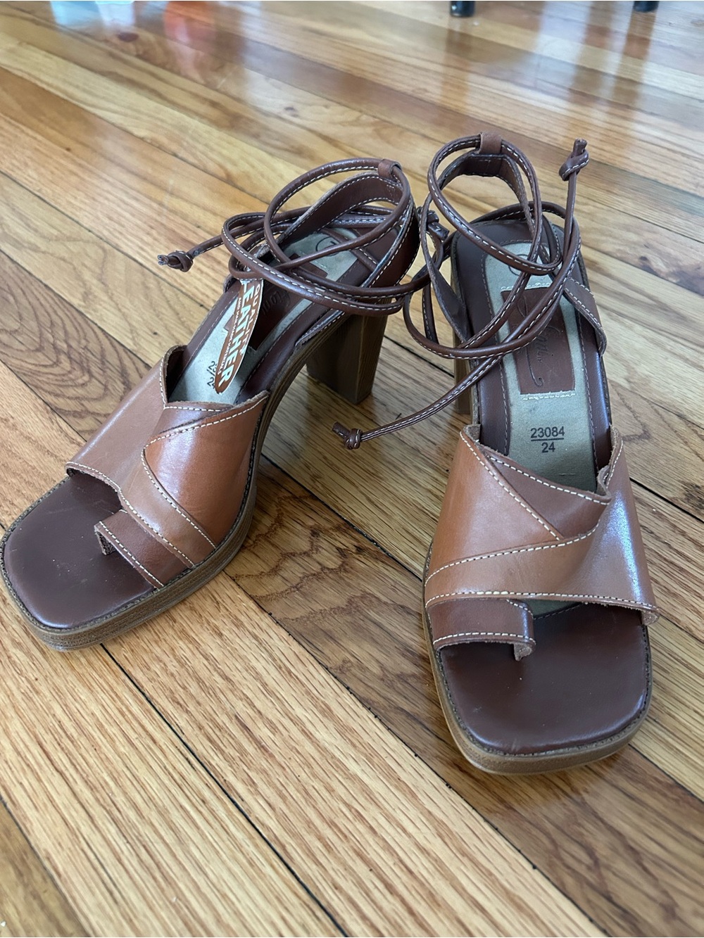 FIONI Clothing Tan Brown Leather Wrap Lace Block Heel Sandals